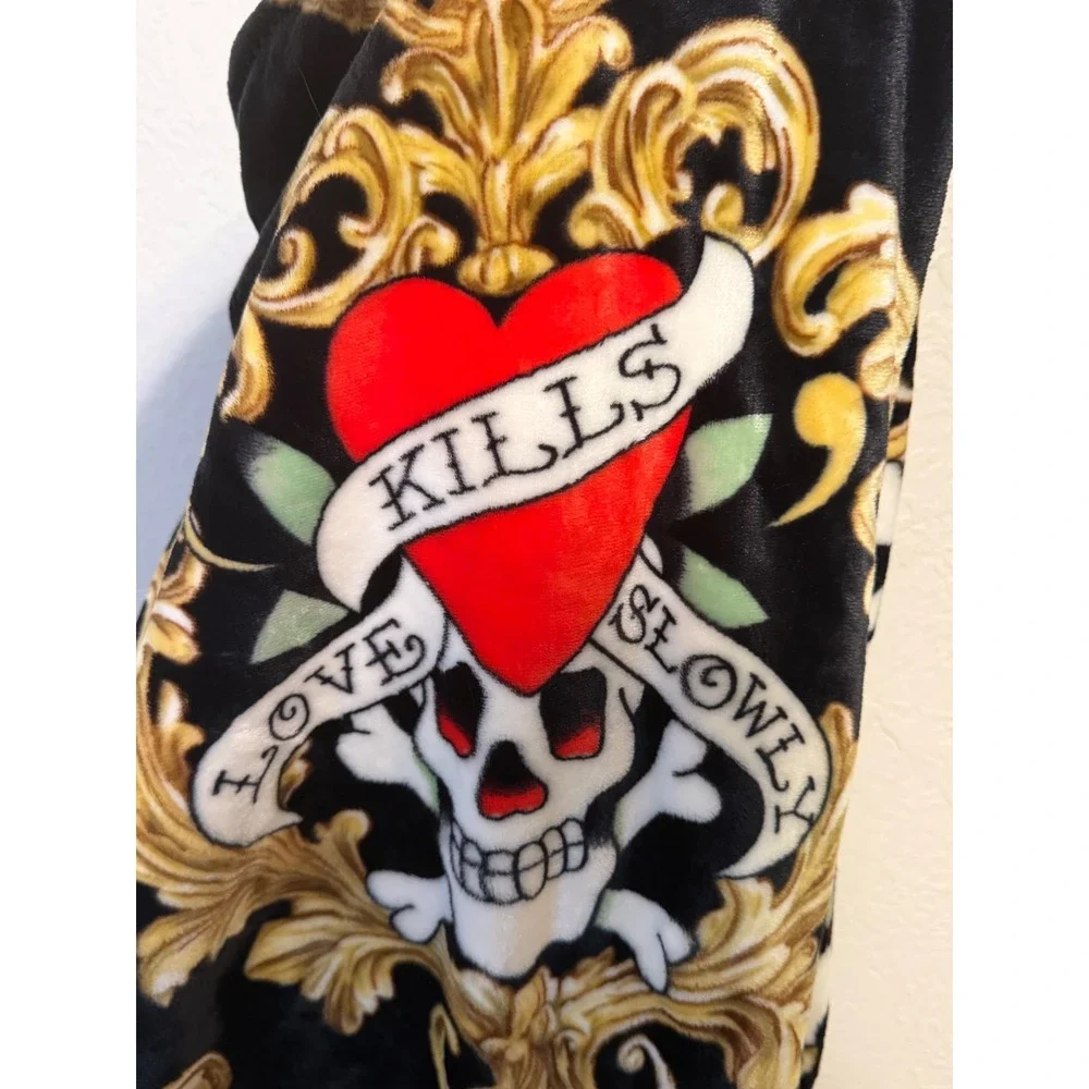 Ed Hardy Love Kills Slowly Oversized Plush Throw Blanket Black Gold Skull 60x70